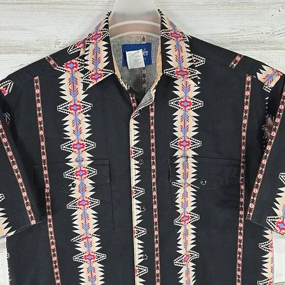 VINTAGE Wrangler Aztec Western Brushpopper Black Pearl Snap Shirt MEN'S MEDIUM.. - Picture 10 of 16